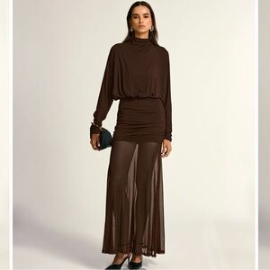 Commense Turtleneck Long Sleeve Drape Ruched Mesh Dress